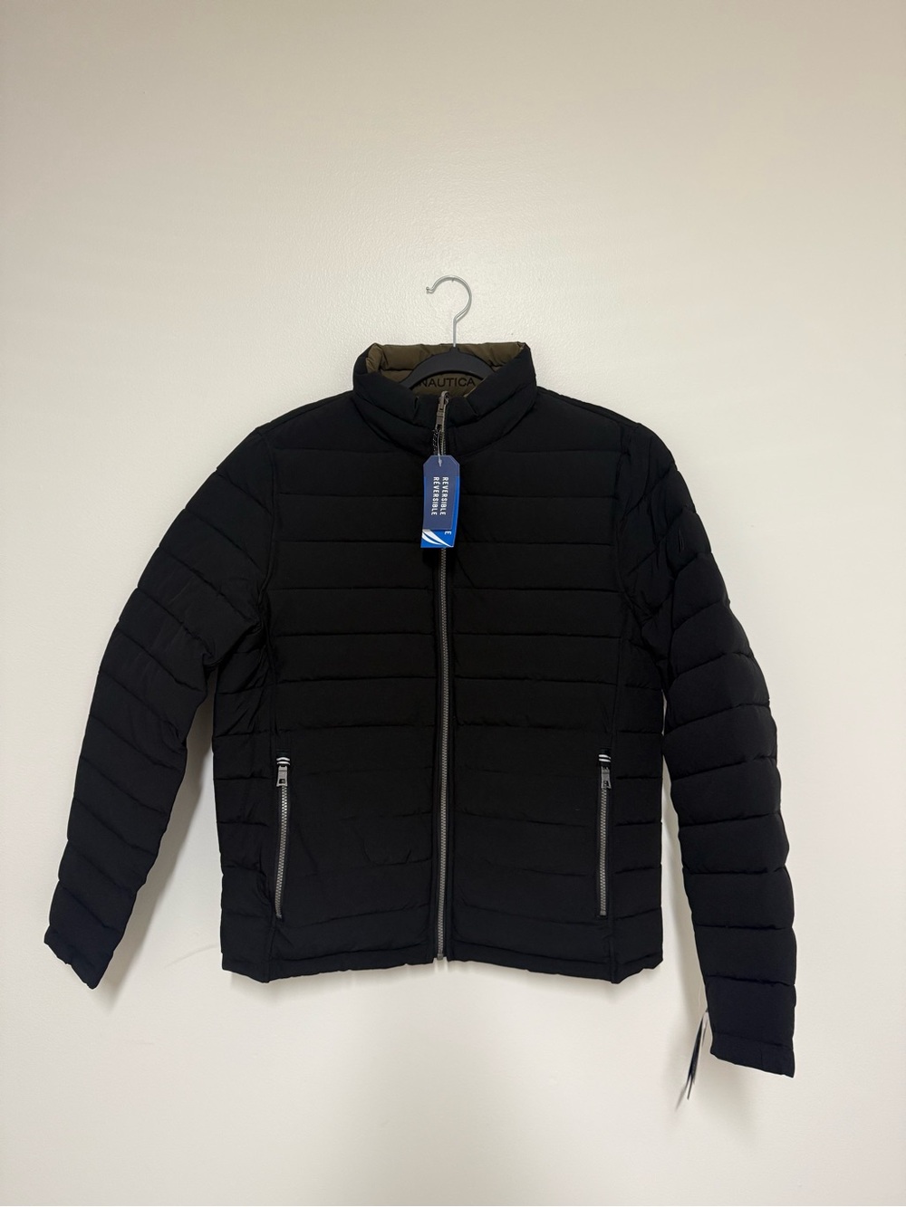 Nautica Men's Black and Brown Reversible Quilted Puffer Jacket with Zip Pockets